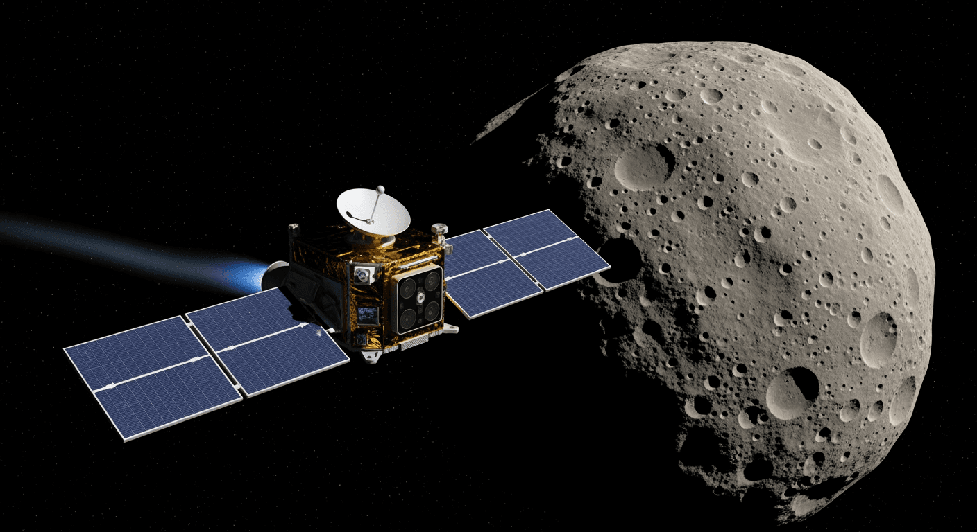 Prospector-1 spacecraft approaching an asteroid